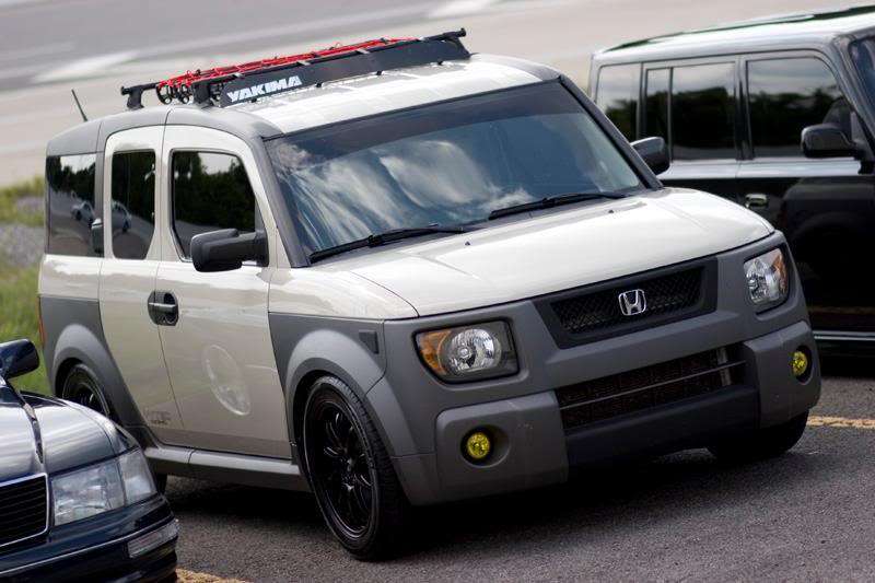 2005 honda element khaki color lowered slammed blacked out headlights yellow fog lights black grill wheels rims yakima roof rack windshield banner dark tints