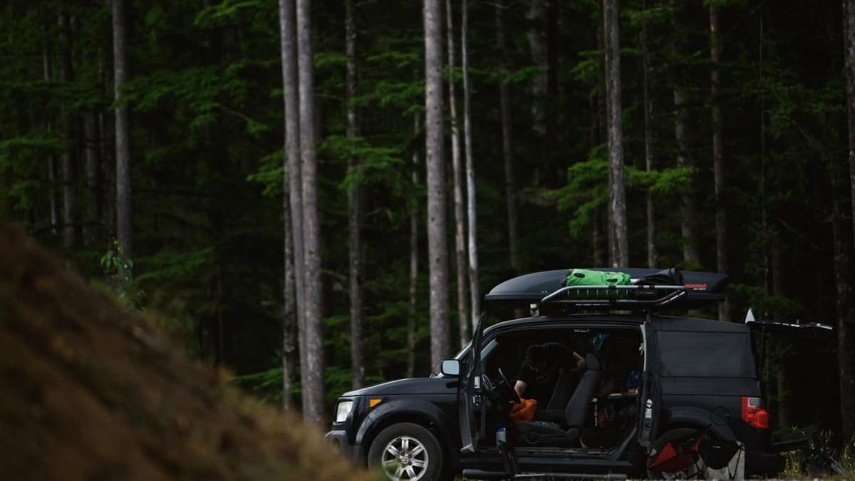 toaster element forest black roofbox roof rack suicide doors open woods outdoors outdoorlife microcamper travelvan campervan vanlife