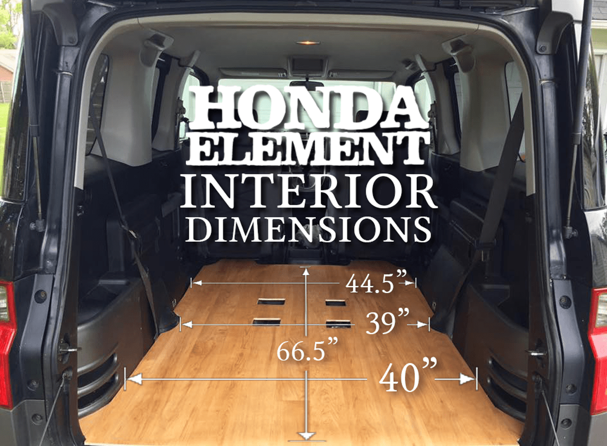 Original Honda Element cargo-area diagram with 66.5 inch, 44.5 inch, 40 inch, and 39 inch marked measurements