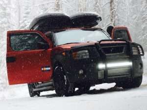 Red Honda Element Camping Mods LED Light Bar Roof Box Nerf Bars Ram Bar Colorado Winter