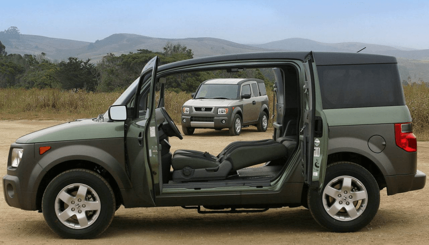 honda element interior configuration suicie door wide open with both front seats folded back all the way